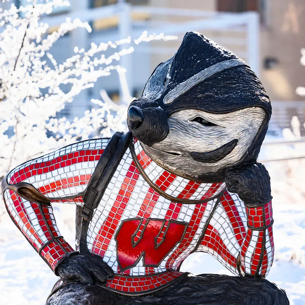 Statue of Bucky Badger against a snow-covered backdrop