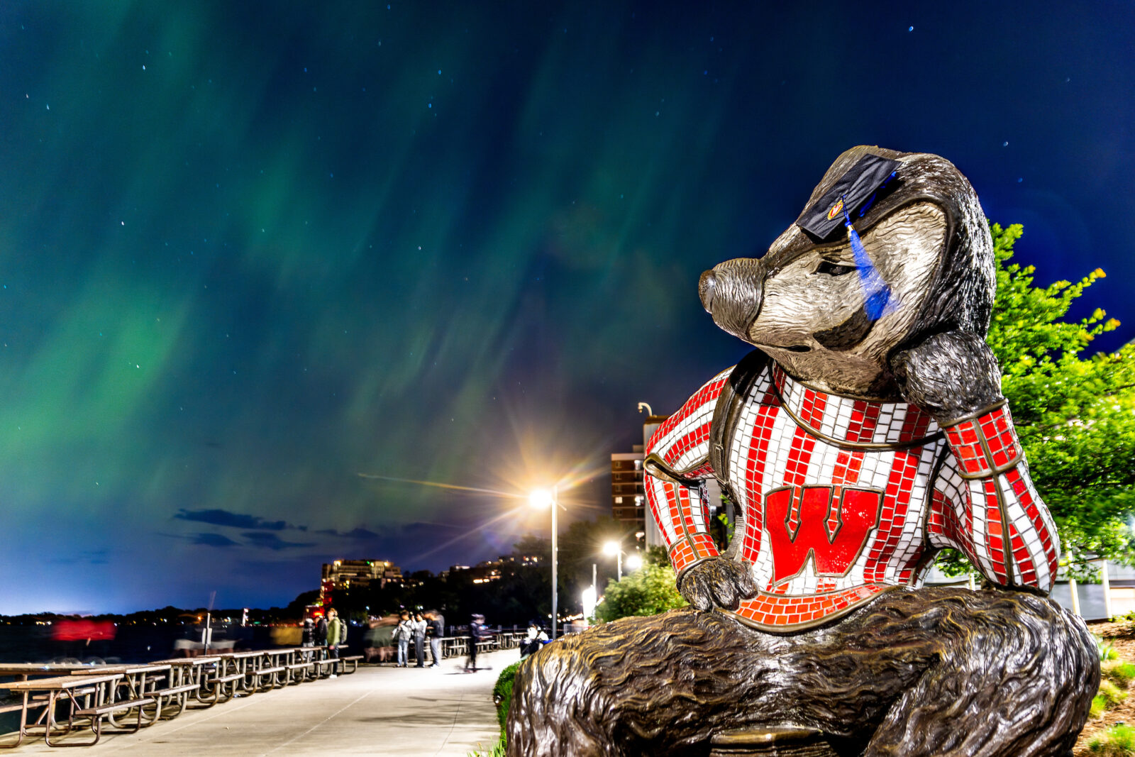 Statue of Bucky Badger on the Memorial Union Terrace with the Northern Lights shining in the background