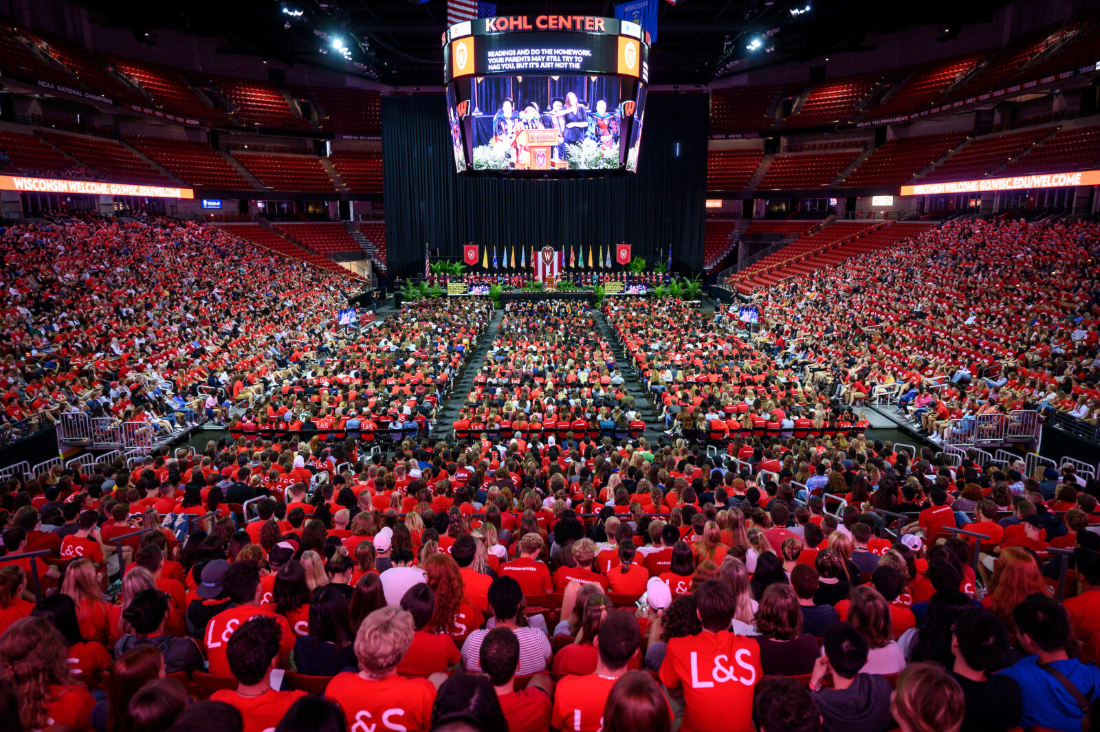 First-year and transfer students listen to speakers during the Chancellor's Convocation for New Students, a Wisconsin Welcome event held at the Kohl Center at the University of Wisconsin-Madison on Sept. 3, 2019. The event, attended by thousands of first-year and transfer students, is part of Wisconsin Welcome programming.