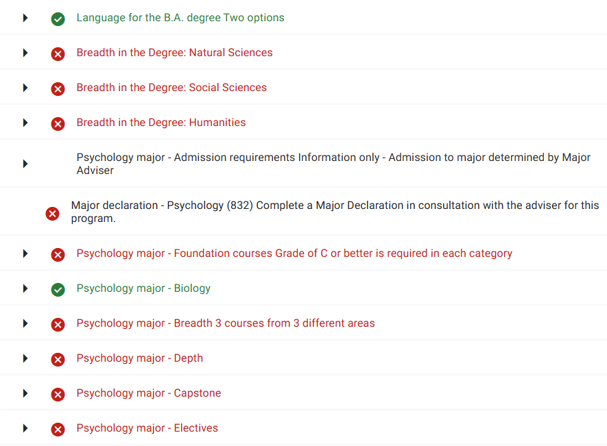 A screenshot of a sample degree audit, showing some requirements in red that are not yet complete, as well as others in green that have been completed.