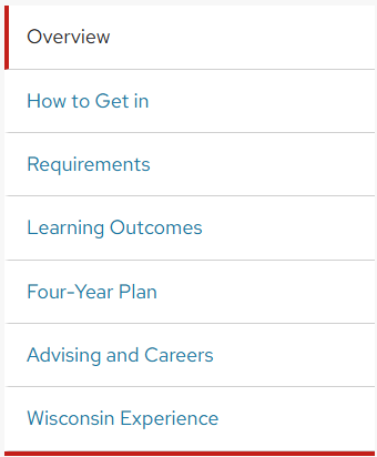 A screenshot of a major page on Guide.wisc.edu. The page includes a navigation menu with pages titled: "Overview," "How to Get in," "Requirements," "Learning Outcomes," "Four-Year Plan," "Advising and Careers," and "Wisconsin Experience."