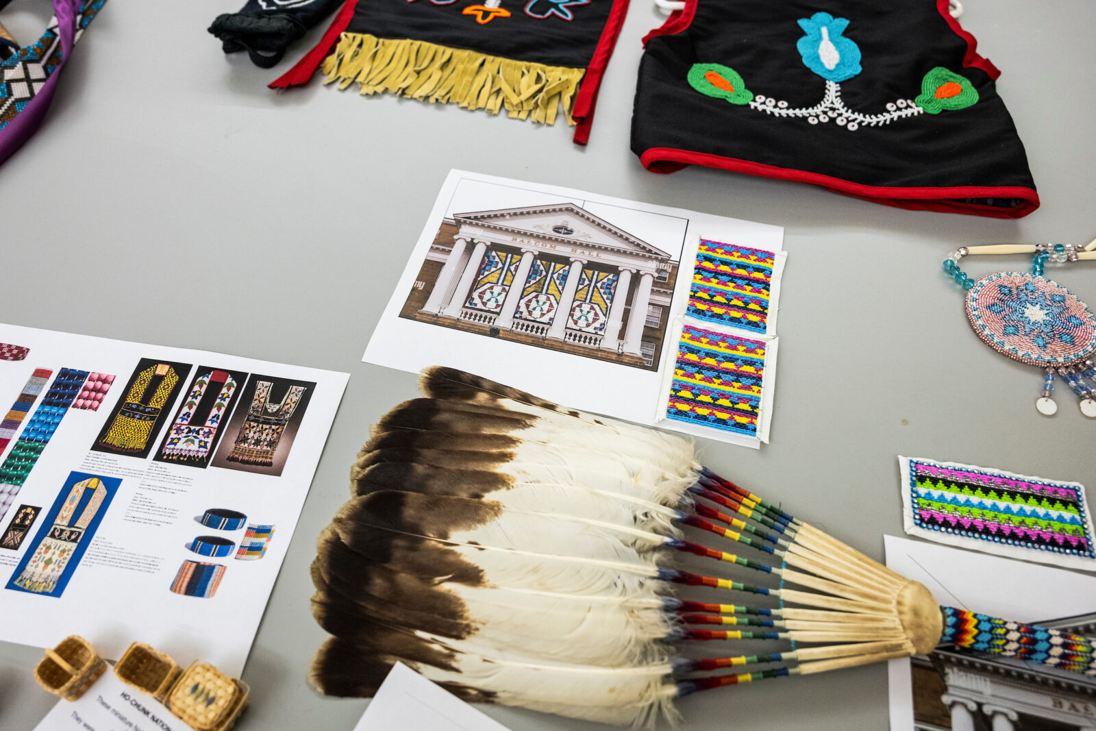 Pictured at center on June 13, 2023, is a concept design for a Ho–Chunk Banner for Bascom Hall commissioned in celebration of the University of Wisconsin’s 175th and to be displayed on Bascom Hall. The banner design is inspired by Indigenous styles of textiles, basketry, and natural fibers and is the collaborative work of Molli Pauliot, a member of the Ho-Chunk Nation and a doctoral candidate in anthropology; Marianne Fairbanks, associate professor of design studies; and Stephen Hilyard, professor of digital arts. (Photo by Jeff Miller / UW–Madison)